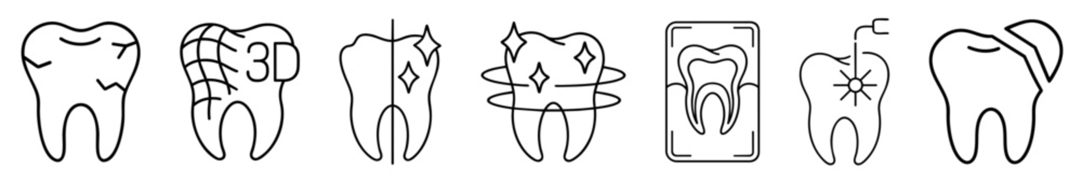 Dental Tooth Icon Set. Enamel Cracks Damage, 3D Scan Modeling CAD CAM, Teeth Whitening Before After, Polishing Protection Fluoride, X Ray Diagnosis, Laser Dentistry Treatment, Veneer Restoration