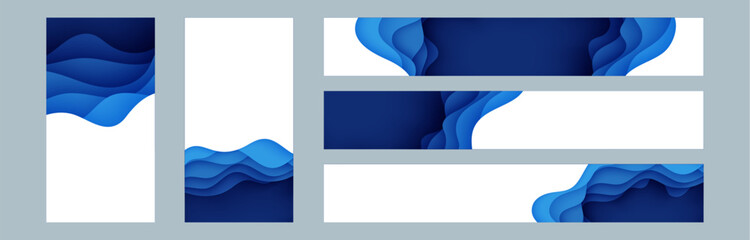 Obraz na płótnie Canvas World Ocean day header bundle kit featuring blue and white waves paper cut style. Papercut art banner collection vector illustration. Sea marine life save water 3d ecology poster wavy design.