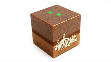 Obraz premium Brown cube object displays root design. Two green lights shine atop darker section. Simple studio shot, white background.