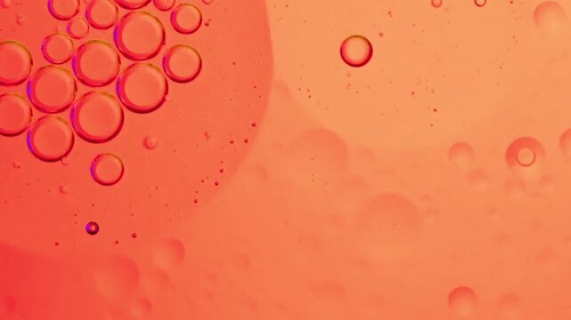Bubbles floating in red liquid with shifting colors and light.