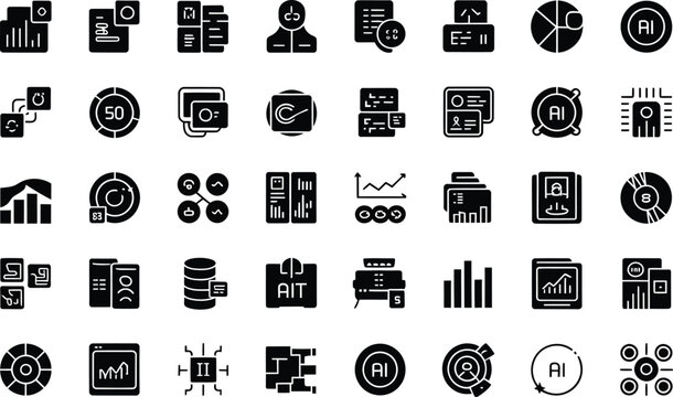 Artificial intelligence and machine learning technology icon set with neural networks data processing computer chips and smart automation symbols in glyph vector style