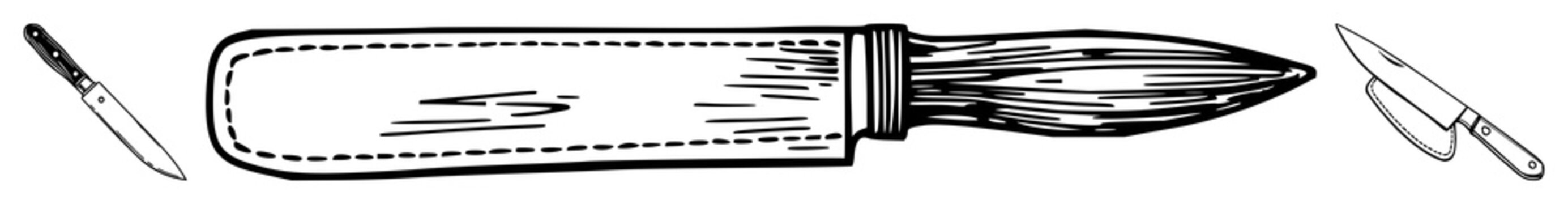 Leather skiving knife set with black line art on white background featuring cutting tools, leather trimming, line art with knives and illustration