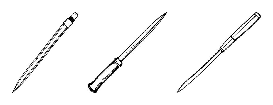 Black line art, metal awl handle, white background set with simple line art design featuring line art, illustrations, graphic resources with vector and design elements