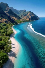 Obraz premium Aerial view of Fatu Hiva atoll with turquoise water, white sand beach and rugged tropical mountains