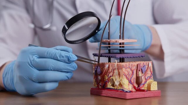 Detailed dermatology skin anatomy model with hair follicles and magnifier for medical education for trichologist.