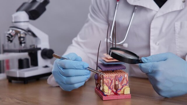 Doctor trichologist gloved hand manipulating skin with hair follicles model on table.