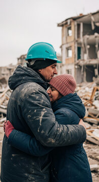 Close shot of a man and woman embracing in front of a destroyed building, conveying themes of resilience, support, and rebuilding after devastation.