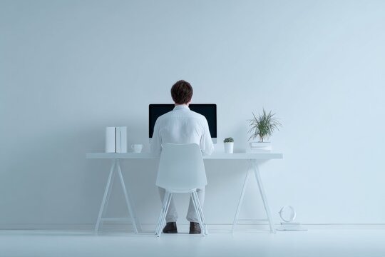 Young caucasian male working at minimalist white desk in modern office space