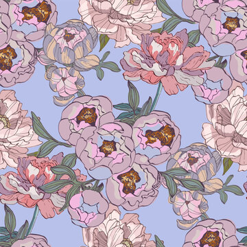 Seamless floral pattern with pink peony flowers and green leaves on white background. Elegant botanical texture for textile, wallpaper, wrapping paper and wedding stationery design.