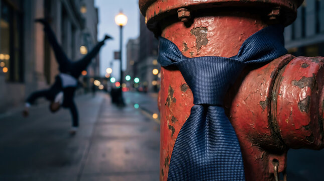 Concept of freedom from corporate life. An abandoned tie on a street hydrant and a joyful man in a suit in the background