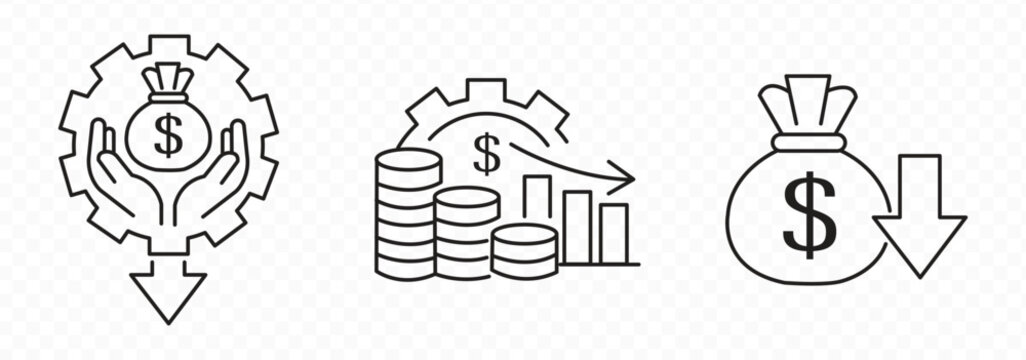 Cost reduction vector icon concepts. cost savings icon, dollar decrease sign. Percent down icon, High and Low Percent arrow icon in black. Financial Decline, Discount, and Cost Reduction Symbols