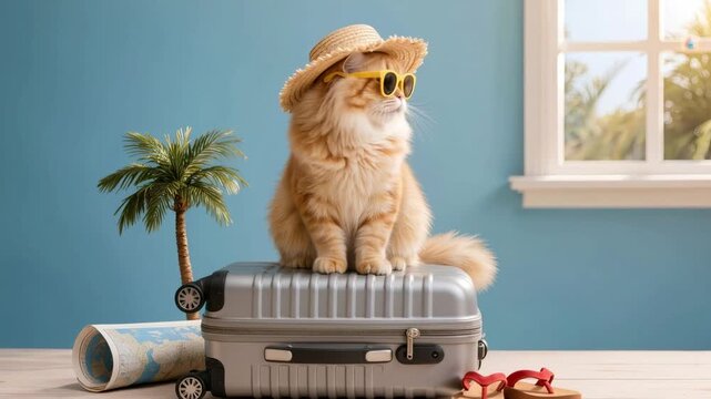 Fluffy cat wearing sunglasses and a straw hat sitting on a suitcase with travel items nearby, creating a humorous anthropomorphic scene that represents vacation, travel, and leisure.