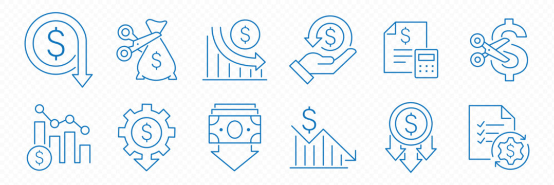 Price Up and Down Icon Set, Cost Fluctuation, Pricing Strategy and Financial Trend Concept Icons. Dollar symbol with a downward arrow representing price drop, financial savings, and decreased expenses