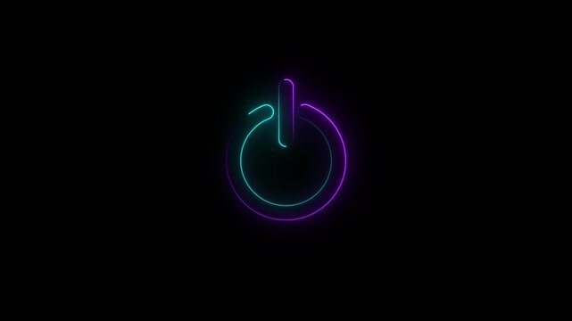 Dual-colored neon power button symbol with cyan and magenta glowing outlines against a solid black background signifying a dynamic technological interface and digital control
