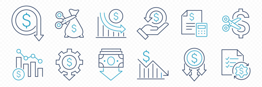 Cost Reduction Icon Set. Money Saving and Budget Cut Symbols. Dollar Sign with Downward Arrow, Financial Loss Chart, and Expense Optimization Icons. Modern Blue Vector Assets for Business and Finance