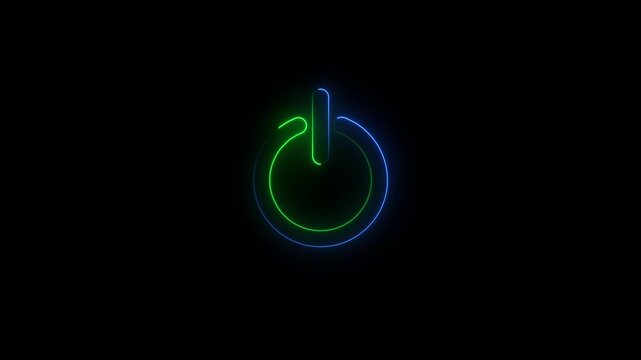 Bright green and blue neon power button symbol glowing vibrantly on a black background representing digital power and technological readiness with a clean interface