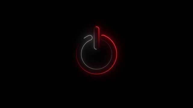 Red and white neon power button symbol glowing intensely on a black background signifying emergency power or critical system status with a bold technological statement
