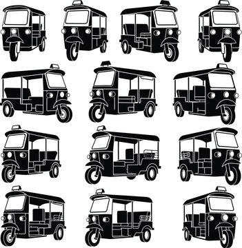 Collection of black and white tuk vehicle in various perspectives auto rickshaw three wheeler transportation