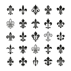 Heraldic lily icons. Fleur de lis emblems, floral royal black silhouettes. Medieval arms and emblems, dynastia symbols. Elegance design tidy vector collection © LadadikArt