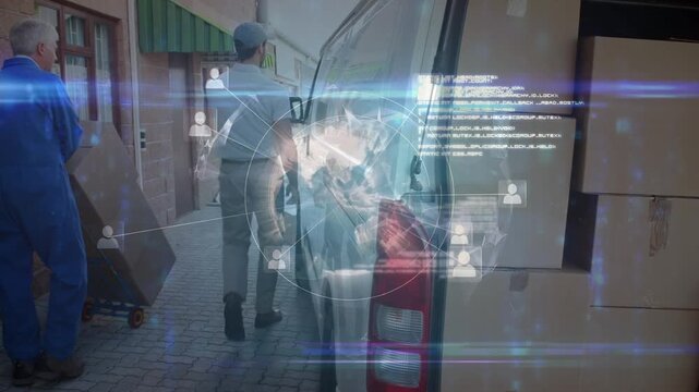 Animation of data processing and globe over caucasian male courier