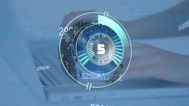 Animation of processing circle and counting over hands of caucasian man typing on laptop