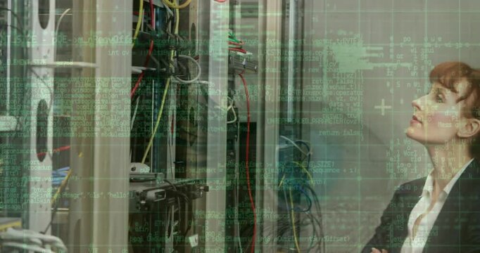 Animation of data processing over caucasian female worker in server room