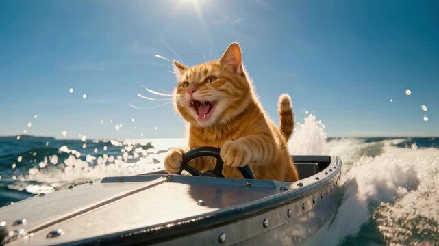 Playful orange cat steers a speedboat across sparkling ocean waves under bright sunlight. Humorous concept combines adventure, freedom, and imagination with a fun summer vibe