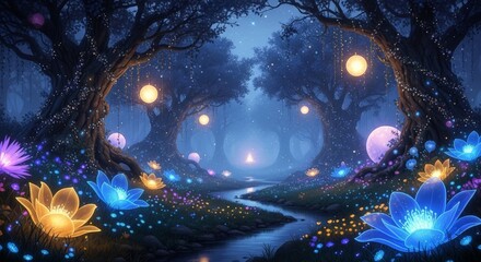 Enchanted Fantasy Forest with Glowing Flowers and Twinkling Lights