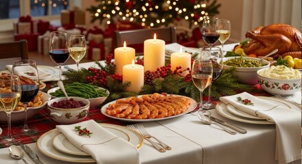 Elegant Christmas Dinner Table with Shrimp Platter and Festive Decor