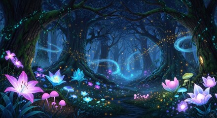 Enchanted Fantasy Forest with Glowing Flowers and Twinkling Lights