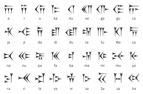 Cuneiform letters. Ancient writing system, calligraphy of persian or sumerian nationalities. Alphabet on stone, clay wall. Archeological elements, nowaday vector symbols