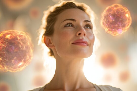 Abstract cells: a visual metaphor for cancer healing. Future medicine. Innovative therapy extends survival in breast cancer patients. Health tech. Pharma technology.