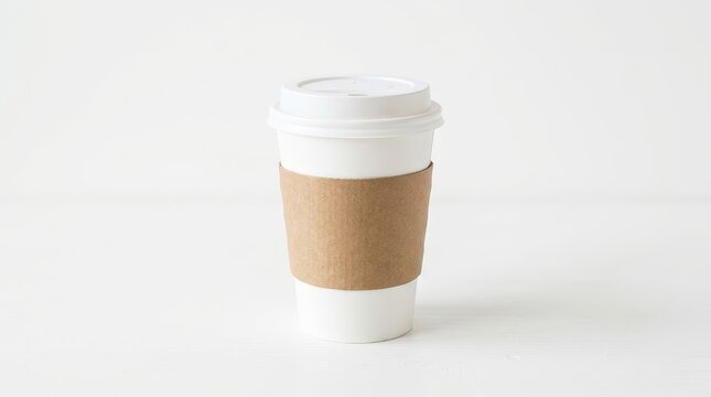 White coffee cup with blank sleeve on white background