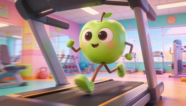 Running green apple character wearing green sneakers and gloves on gym treadmill, with kettlebell