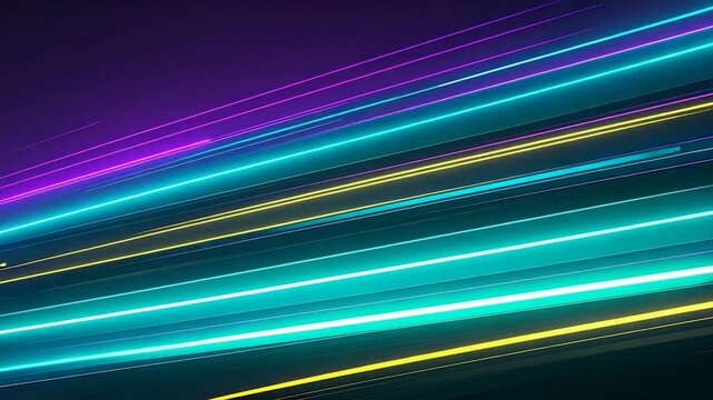 Abstract composition of diagonal neon light streaks in teal, pink, and yellow against a dark backdrop
