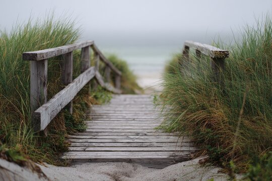 Wooden boardwalk descends toward a serene beach on a foggy, overcast day