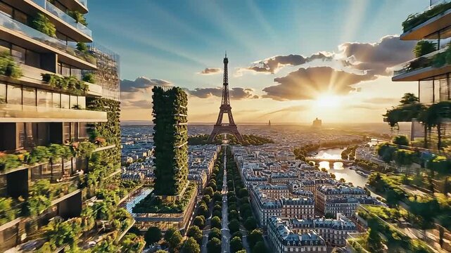 Vertical farming apartment buildings in paris with dense green vegetation on balconies overlooking the eiffel tower during a golden sunset vista