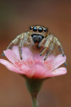 animal by ai, spider sitting on pink flower, jumping spider with many big eyes, closeup, cute, photorealistic