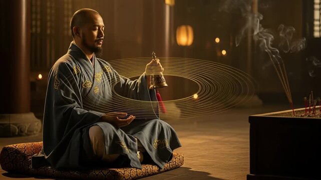 Meditating buddhist monk performing spiritual ritual in traditional temple 4K Ai HD high quality video.