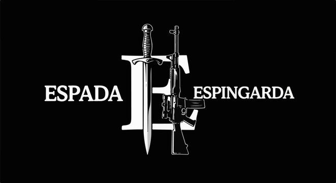 White sword and rifle illustration on black background with text