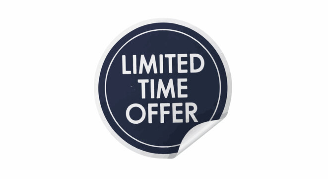 A dark blue circular sticker with white text that says "LIMITED TIME OFFER