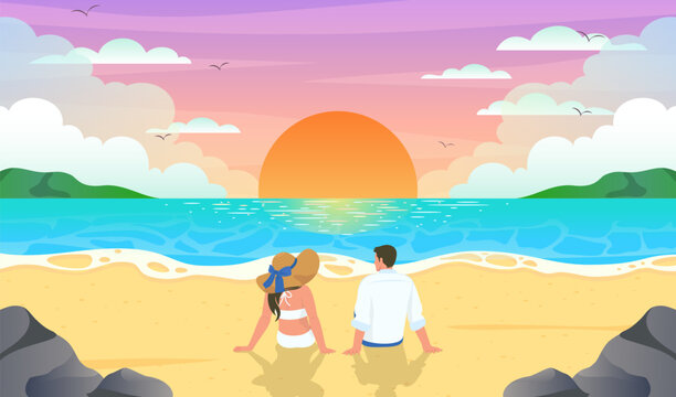 The couple sat watching the sunset by the sea. Beautiful beach background vector illustration