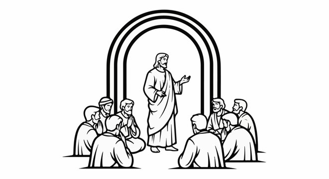 A man in robes addresses a group of seated individuals under arches