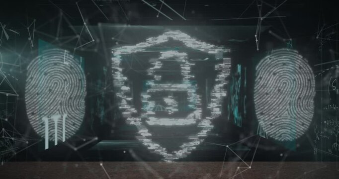 Animation of padlock icon with fingerprints over data processing on black background