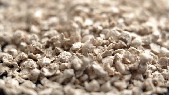 Falling pieces of biodegradable vegetable cat litter in slow motion. Macro shot. Plant-based absorbent material