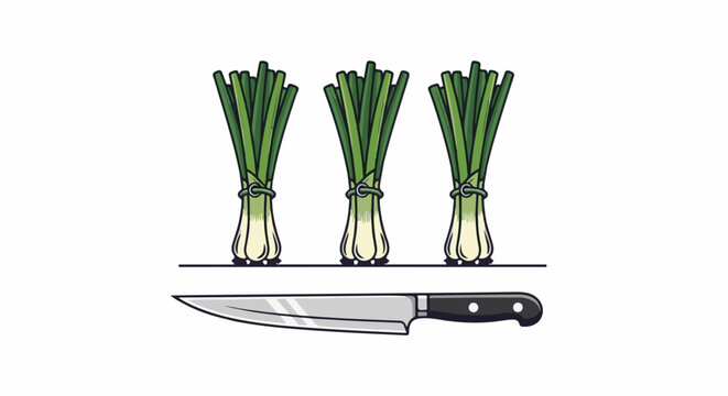 Three bunches of green onions tied with string above a chef's knife