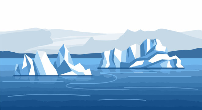 A serene arctic scene with majestic icebergs floating in calm, blue waters