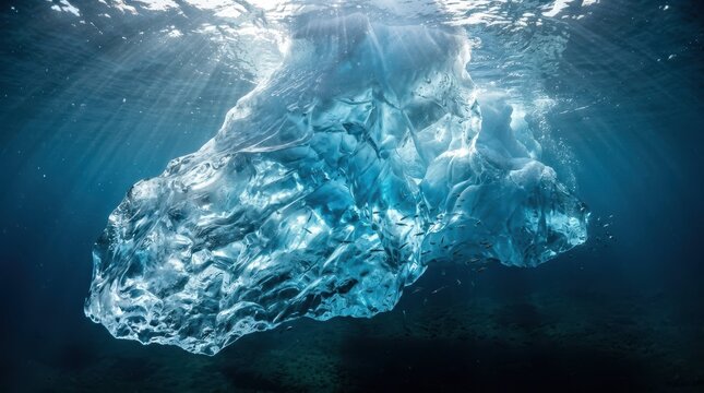 Clear Ice Underwater with Light Rays Creating Beautiful Patterns