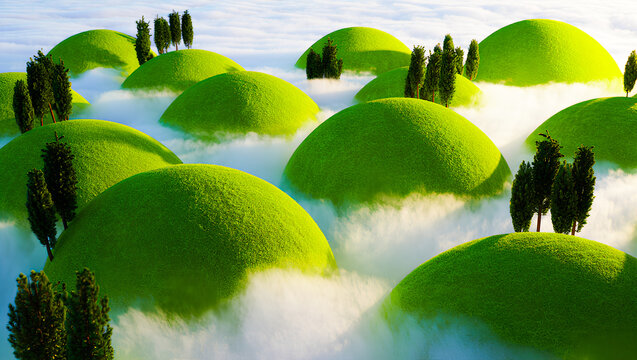 Abstract 3D Green Hills Landscape, Minimal Nature Background