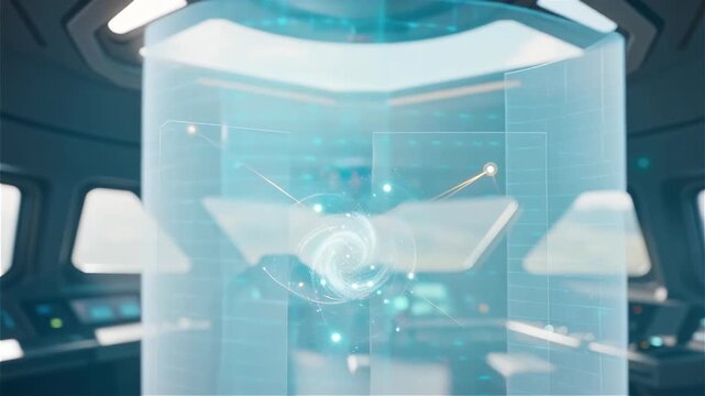 Futuristic video featuring a holographic interface displayed in the cockpit of a spaceship with advanced technology and digital effects.